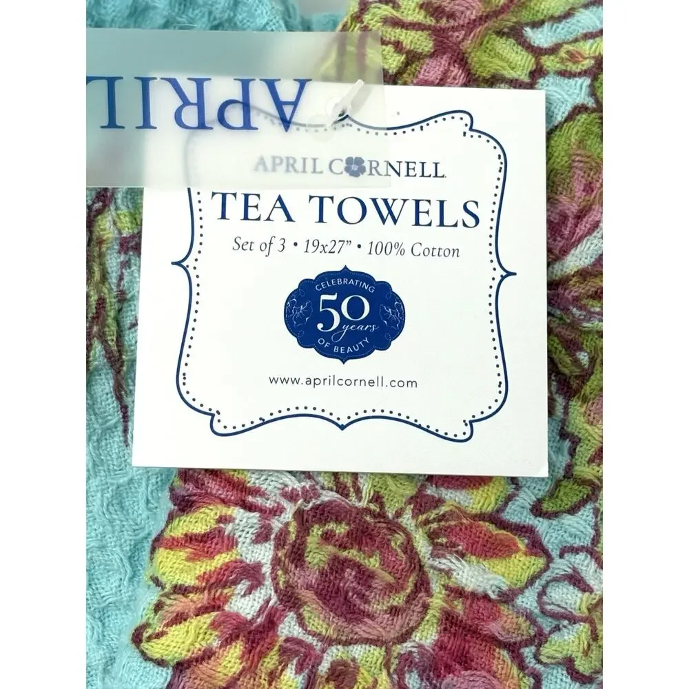 April Cornell WILDFLOWERS Turquoise Aqua Kitchen Dish Tea Towels Set Of 3 Bright